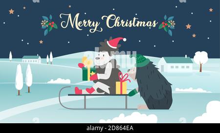 Merry Christmas greeting card with cute animals vector illustration. Cartoon Christmas background for winter holidays, happy sheep wearing red Santa hat and hedgehog sledding in snow xmas landscape Stock Vector