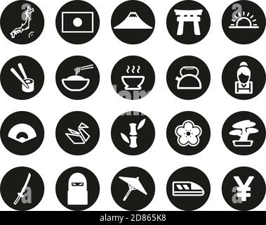 Japan Country & Culture Icons White On Black Flat Design Circle Set Big Stock Vector