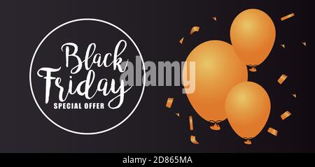 black friday sale lettering in circular frame with golden balloons helium vector illustration design Stock Vector