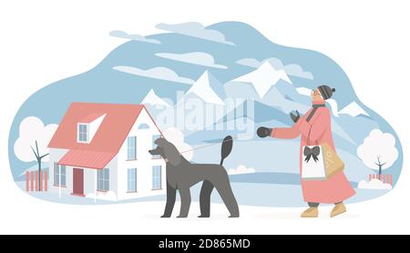 Winter walk with dog vector illustration. Cartoon elderly woman pet owner character walking with own doggy animal in snow landscape wintertime, holding Christmas sales bag with gifts isolated on white Stock Vector