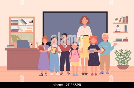 Back to School. Pupils and woman teacher in school classroom. Elementary school class, group of kids stand in row together vector illustration. Stock Vector