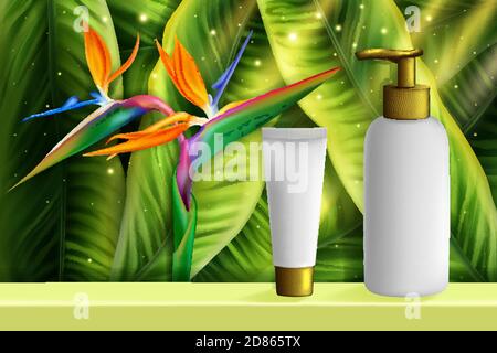 Cosmetics skincare vector illustration. Realistic 3d trendy white bottles with body skin care lotion, hand cream, surrounded by green natural tropical leaves flowers, promotion cosmetology background Stock Vector