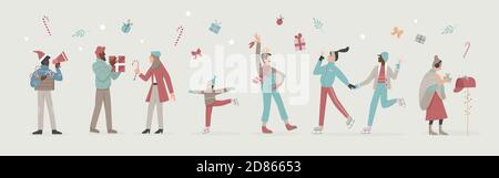 Happy people enjoy Christmas time vector illustration set. Cartoon active characters celebrate winter holidays with xmas gifts, sparklers and Christmas decorations, skate on ice rink background Stock Vector