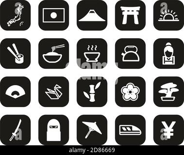 Japan Country & Culture Icons White On Black Flat Design Set Big Stock Vector