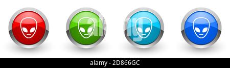 Alien face silver metallic glossy icons, set of modern design buttons for web, internet and mobile applications in four colors options isolated on whi Stock Photo