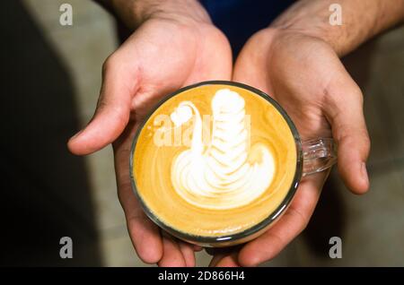 Barista hands showing coffee art, swan figure, latte art Stock Photo