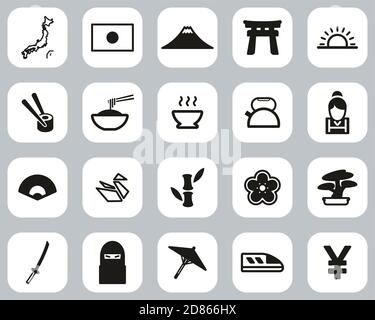 Japan Country & Culture Icons Black & White Flat Design Set Big Stock Vector