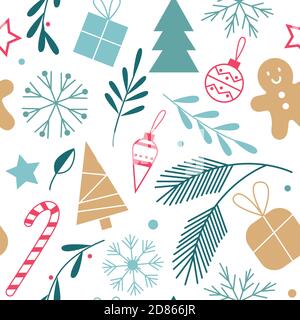 Christmas seamless cute pattern vector illustration. Cartoon winter xmas festive background with geometric Christmas tree green branches and leaves, red berries, gift balls Christmas decoration Stock Vector