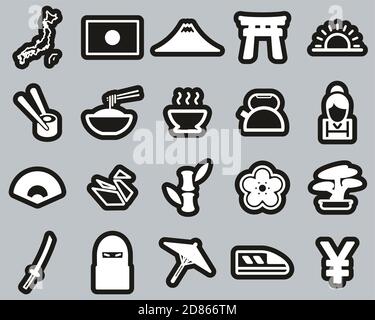 Japan Country & Culture Icons White On Black Sticker Set Big Stock Vector