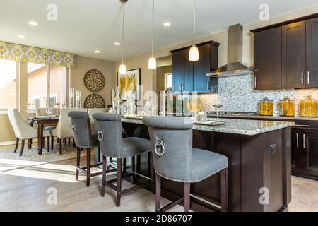 Kitchen and dining room, Village Homes model home, Arvada, Colorado USA Stock Photo