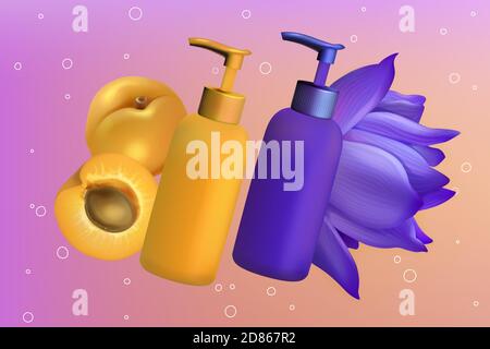 Apricot lily ingredients in skincare cosmetic product vector illustration. Skin body or hair care in 3d realistic bottles, sliced ripe orange apricot fruit and purple lily flower ads poster background Stock Vector