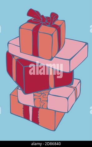 Vector illustration postcard design with stack of colorful gift boxes on light blue background. Postcard with gitfs design for New Year or Christmas. Stock Vector