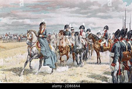 QUEEN LOUISE OF PRUSSIA (1776-1810) Louise of Mecklenburg-Strelitz reviewing  troops Stock Photo