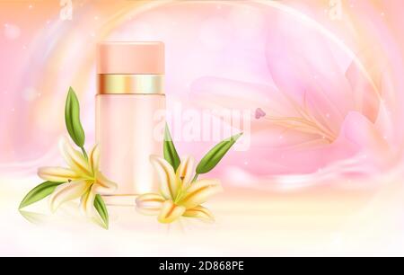 Lily perfume cosmetics vector illustration. Realistic aroma perfume spray bottle and natural lily flowers, skincare lotus perfumed fragrance, aromatic cosmetic product with natural scent background Stock Vector