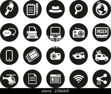 Journalist Or Reporter Icons White On Black Flat Design Circle Set Big Stock Vector