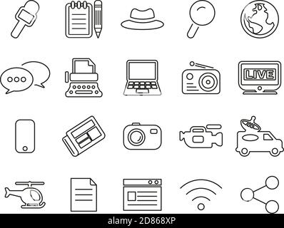 Journalist Or Reporter Icons Black & White Thin Line Set Big Stock Vector