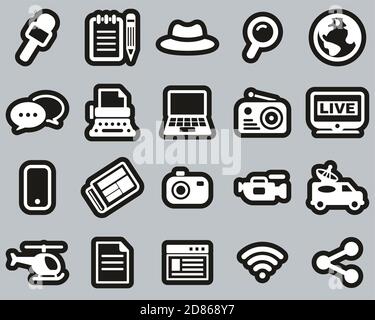 Journalist Or Reporter Icons White On Black Sticker Set Big Stock Vector