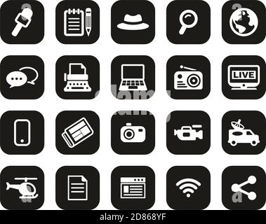 Journalist Or Reporter Icons White On Black Flat Design Set Big Stock Vector