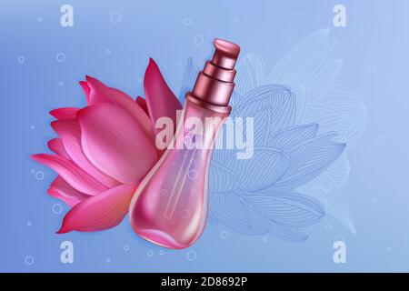 Luxury pink lotus lily perfume product pack vector illustration. Realistic 3d design for brochure catalog or magazine with perfume packaging spray bottle and beautiful natural lotus flower background Stock Vector