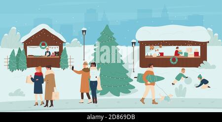 People at Christmas market vector illustration. Cartoon happy buyers characters walk past xmas festive stalls marketplaces of town street fair, buy food, Christmas tree for winter holidays background Stock Vector