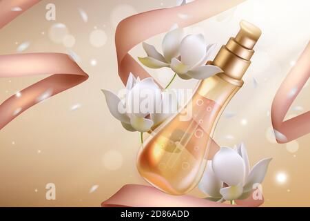 Orange flower perfume cosmetics vector illustration. 3d perfumed spray glass bottle with neroli essential oil ingredient and ribbons natural flowers decor, cosmetology perfumery advertising background Stock Vector