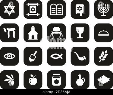 Judaism Religion & Religious Items Icons White On Black Flat Design Set Big Stock Vector