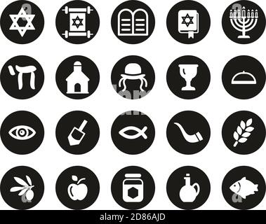 Judaism Religion & Religious Items Icons White On Black Flat Design Circle Set Big Stock Vector