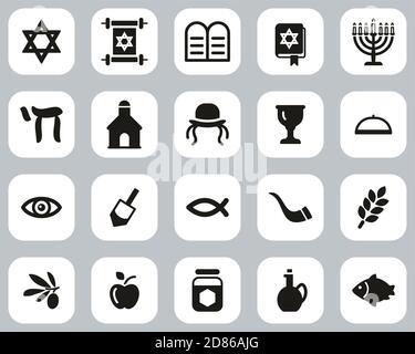 Judaism Religion & Religious Items Icons Black & White Flat Design Set Big Stock Vector