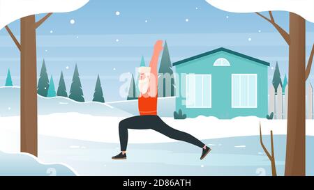 Christmas sport outdoor activity vector illustration. Cartoon Santa Claus character wearing sportswear, doing meditation in warrior yoga pose in snow landscape, winter holiday yoga workout background Stock Vector