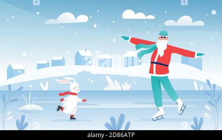 Christmas sport outdoor activity vector illustration. Cartoon active Santa Claus and hare animal characters wearing skates, skating on ice rink, sporting Santa in winter holidays xmas cute background Stock Vector