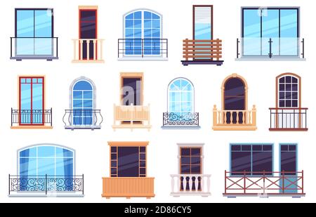 Windows and balconies. Architecture house facade elements with modern and classic balcony doors, casement frames and railings vector set Stock Vector