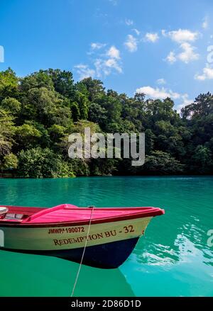 Boat at Blue Lagoon, Portland Parish, Jamaica Stock Photo