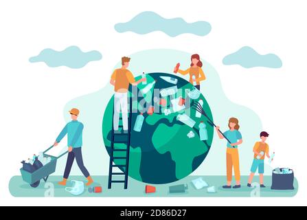 Earth cleaning. People clean world from garbage. Save planet ecology concept. Environmental protection from pollution vector illustration Stock Vector