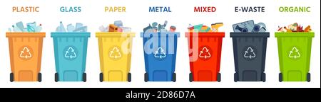 Recycling bins. Containers with separated garbage. Trash cans for plastic, glass, paper and organic. Segregate waste vector illustration Stock Vector