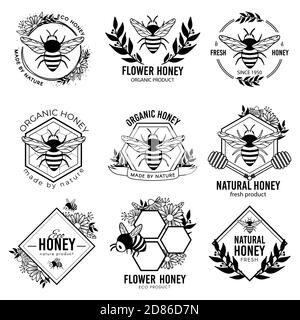 Honey labels. Beekeeping eco product badges, apiculture natural organic propolis stickers. Flower nectar ad tags vector isolated set Stock Vector