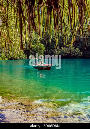 Boat at Blue Lagoon, Portland Parish, Jamaica Stock Photo