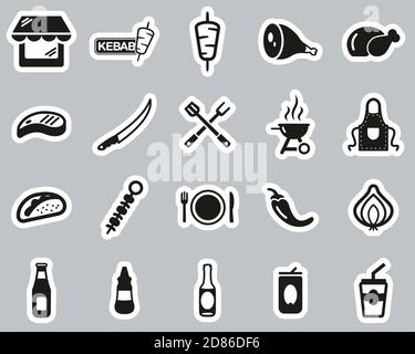 Kebab Or Kebab Shop Icons Black & White Sticker Set Big Stock Vector