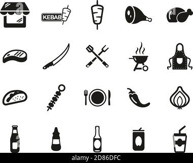 Kebab Or Kebab Shop Icons Black & White Set Big Stock Vector