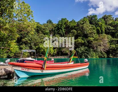 Boats at Blue Lagoon, Portland Parish, Jamaica Stock Photo