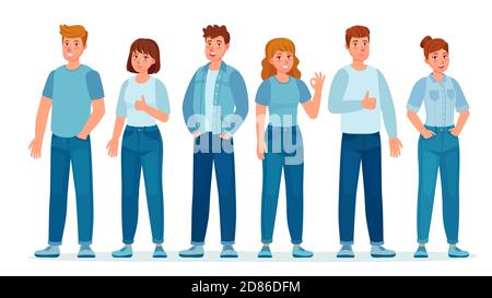 Group of people in jeans. Students in casual denim clothes standing together. Young women and men. Teenagers in jean pants vector concept Stock Vector