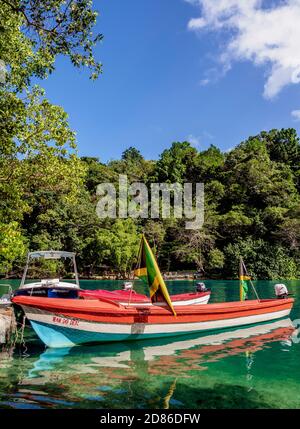 Boats at Blue Lagoon, Portland Parish, Jamaica Stock Photo