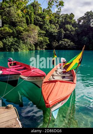 Boats at Blue Lagoon, Portland Parish, Jamaica Stock Photo