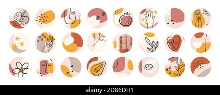 Abstract highlight covers. Contemporary shapes and minimalist line woman face. Round icons for bloggers social media stories, vector set Stock Vector