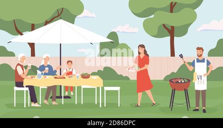 People at barbecue. Happy family, friends spending time in backyard home picnic, cooking grill and talking, leisure outdoors vector concept Stock Vector
