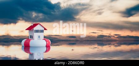 House on Lifebuoy in open sea. Home security concept 3d render 3d illustration Stock Photo
