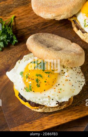 Homemade Egg Sausage Muffin Sandwich for Breakfast Stock Photo