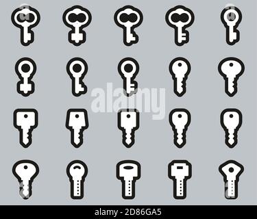 Keys Or Various Shapes Of Keys Icons White On Black Sticker Set Big Stock Vector