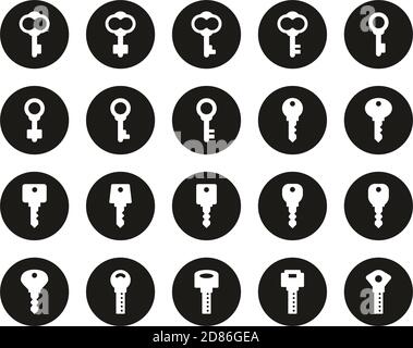 Keys Or Various Shapes Of Keys Icons White On Black Flat Design Circle Set Big Stock Vector