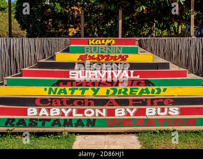 Stairs with Bob Marley's Albums, Jack Sprat Bar, Treasure Beach, Saint Elizabeth Parish, Jamaica Stock Photo