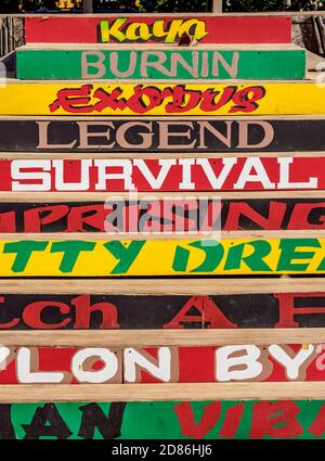 Stairs with Bob Marley's Albums, Jack Sprat Bar, Treasure Beach, Saint Elizabeth Parish, Jamaica Stock Photo